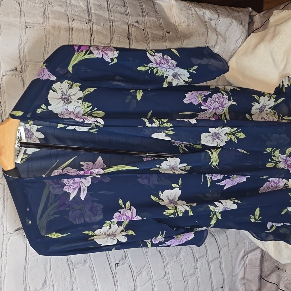 Elizabeth Williams Navy Floral Kimono Jacket with Flowing Silhouette Size L - Picture 7 of 7